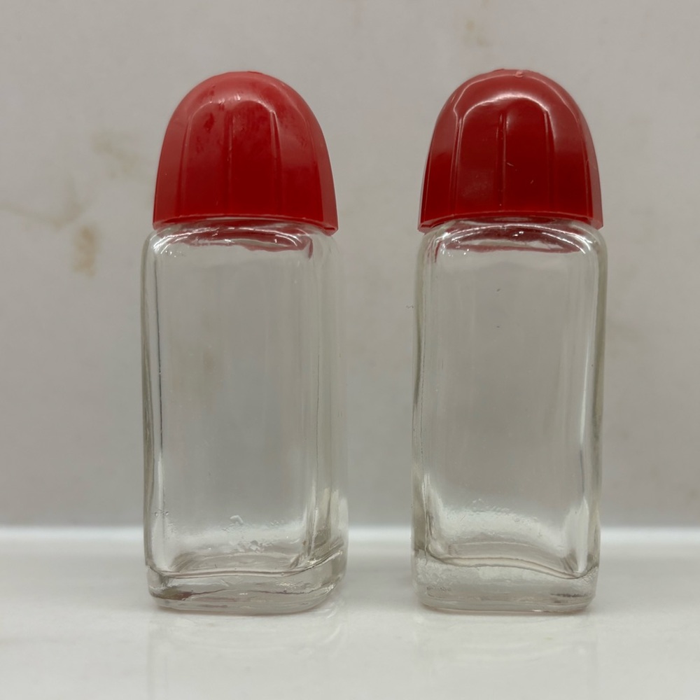 Vintage Clear Glass Square Salt and Pepper Shakers with Red Tops